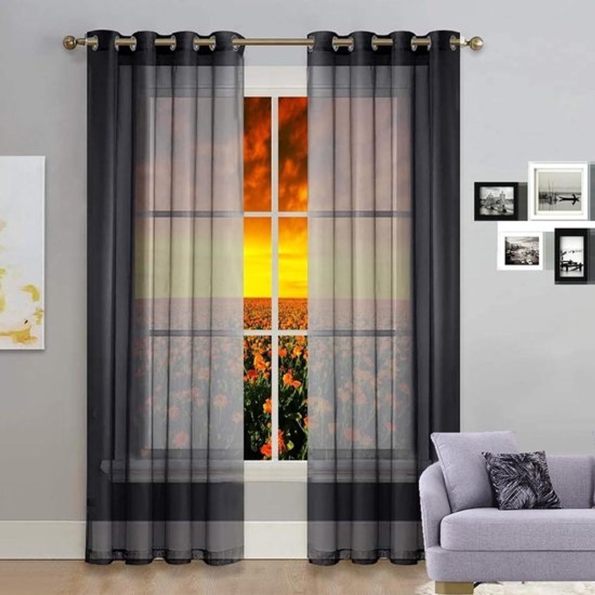 Gordijnen met lussen - Voilegordijnen - Voor kamerdecoratie - Ophangen zonder boren - 100 x 190 cm - Zwart