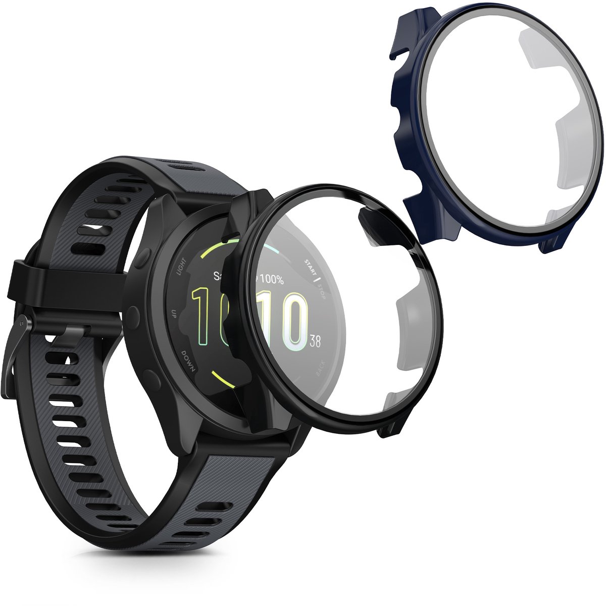 kwmobile 2x cover geschikt voor Garmin Forerunner 165 / Forerunner 165 Music - Fitnesstracker cover van gehard glas en kunststof frame set zwart / donkerblauw