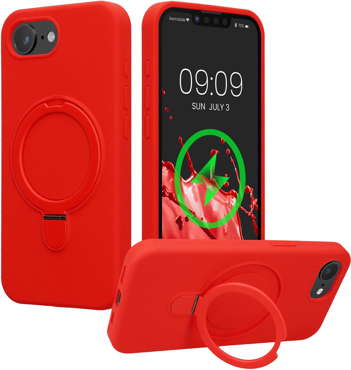 kwmobile Hoesje met Ringstandaard voor Apple iPhone 17e / iPhone 16e - Compatibel met MagSafe - Siliconen Beschermhoes met Microvezel Voering en Standaard - rood