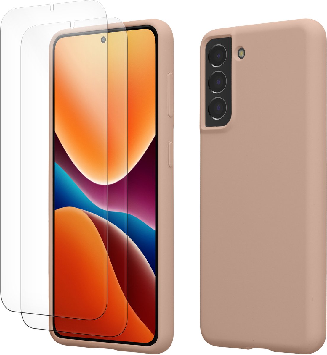 kwmobile hoes met 2x screenprotectors voor Samsung Galaxy S21 – screenprotector van gehard glas – draadloos opladen – mat oudroze