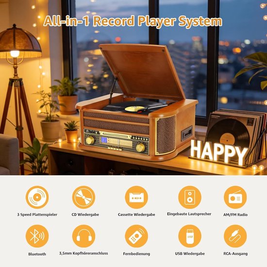 9-in-1 platenspeler met Bluetooth, AM/FM-radio, cd- en cassettespeler, USB-weergave, afstandsbediening, ingebouwde luidsprekers, vintage vinyl draaitafel voor thuis — afbeelding 2
