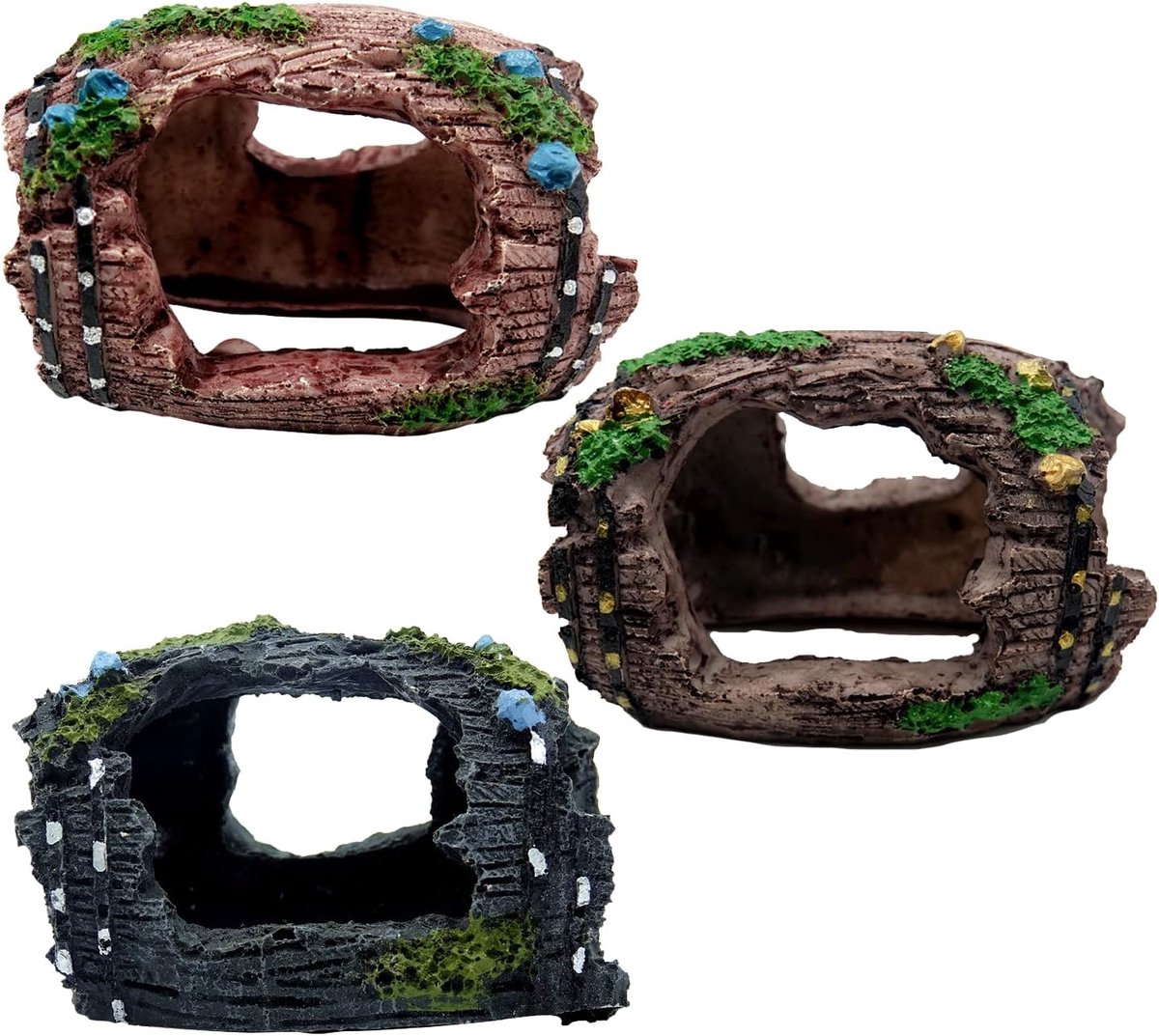3 stuks aquariumdecoratie, hol, klein, aquariumaccessoires, aquariumdecoratie voor reptielenverstopplaats of Bettavis, zwemhabitat (9 x 6 x 6,5 cm, hars)