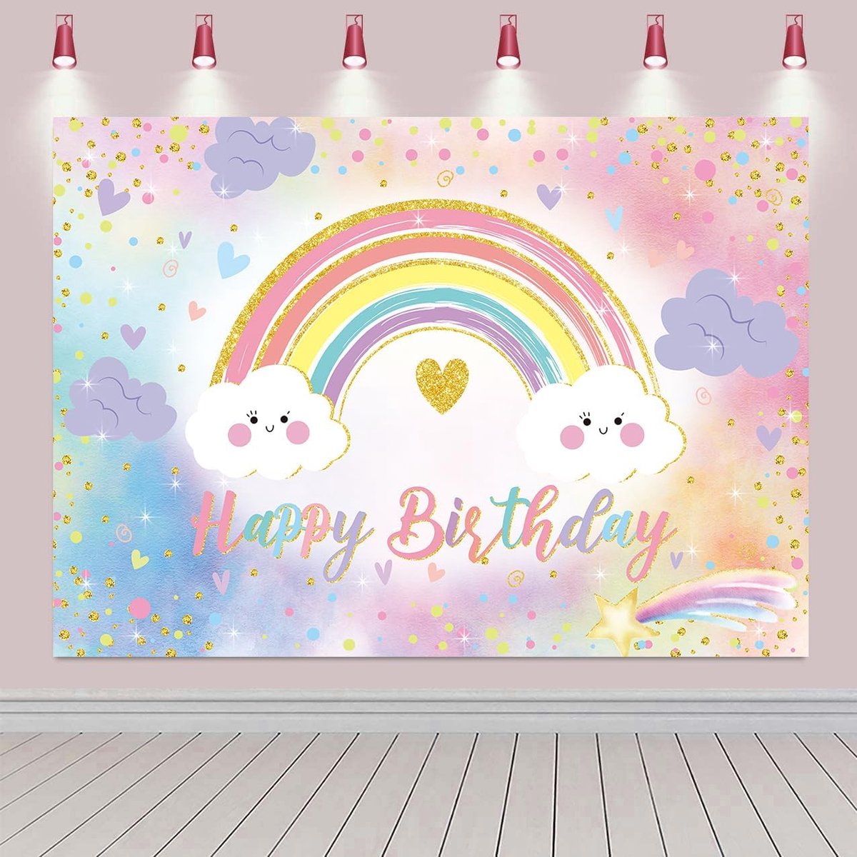 Achtergrond met regenboog Happy Birthday-achtergrond, kleurrijke fotografie-achtergrond met pastel regenboog wolk, meisje en vrouwen, verjaardagsfeestje, babyborrel, decoraties banner (240 x 180 cm)