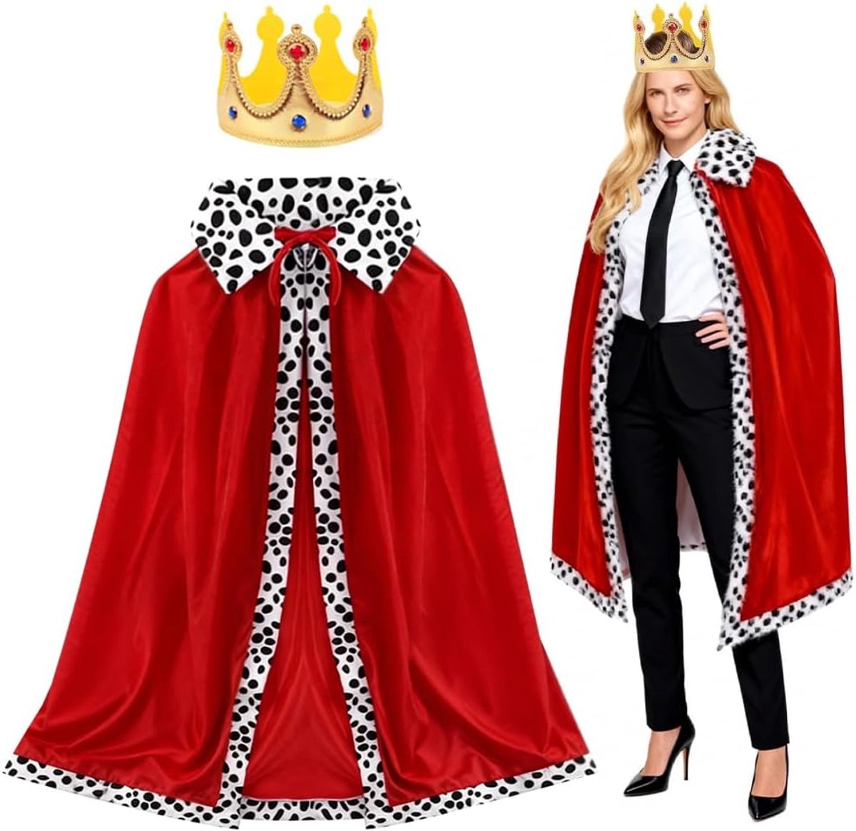 Koningkostuum voor volwassenen + kroon, koningingin, koninginsmantel, fluwelen mantel, kostuum, koninklijke fluwelen cape, middeleeuws kerstkostuum voor Halloween, carnaval, themafeest, 125 cm