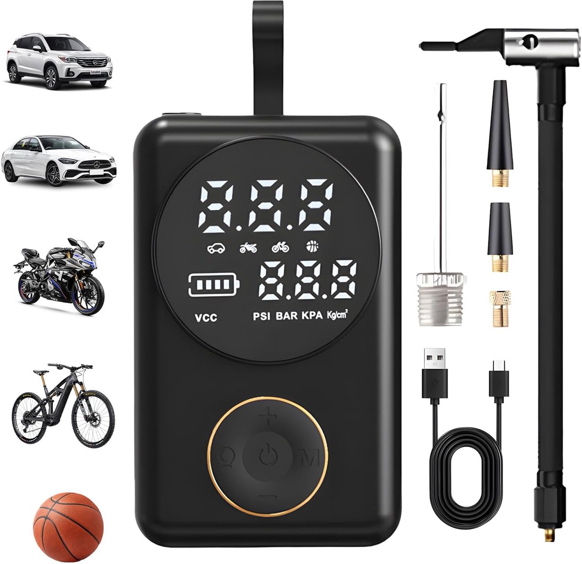 Elektrische luchtpomp met digitaal display, 150 PSI fietspomp, elektrische led-werklamp, USB-C powerbankfunctie, accu-luchtpomp voor auto's, motorfietsen, fietsen en ballen