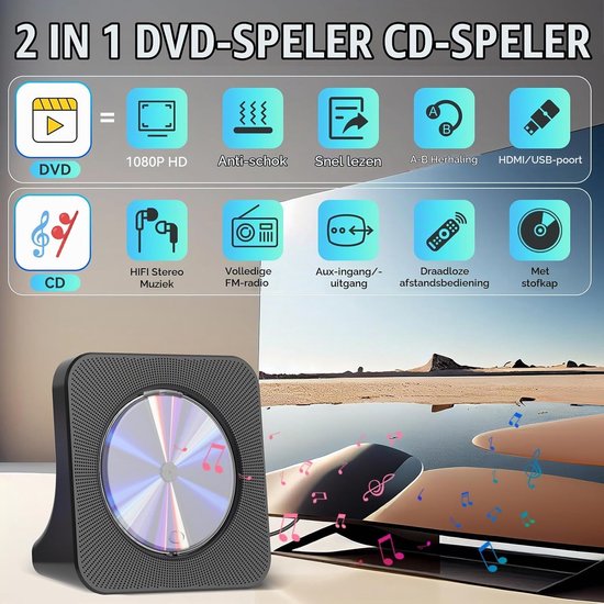 Dvd-speler voor tv, all-region, desktop, dvd/cd-speler voor thuis, met bluetooth-luidsprekers, display, wekker, FM-radio met cd-speler, USB-kaart, afspelen, inclusief afstandsbediening — afbeelding 2