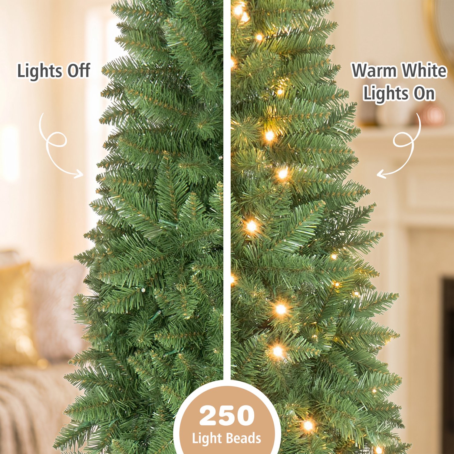 COSTWAY 200 cm Kunstkerstboom smal met verlichting - 708 takken - 250 warmwitte LED-lampjes - Metalen Standaard - Snelle Montage – foto 8