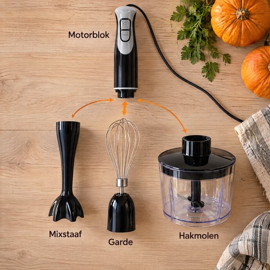 Cheqo® Staafmixer Set 300W met Garde en Hakmolen - Staafmixerset - Handblender met Turbofunctie - Staafblender - Pureerstaaf voor Soep - Hakselaar - Klopper - RVS Messen - 2 Snelheden - Mixer Set - Smoothie Mixer - Keukenmixer - Zwart Grijs van Cheqo — afbeelding 5