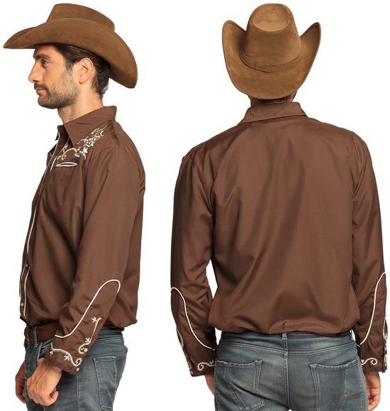 Bruin westernoverhemd met witte details en cowboyhoed, getoond vanaf de zijkant en achterkant.