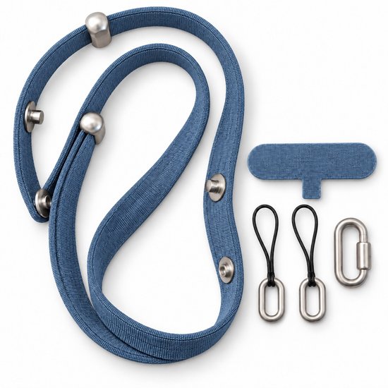 Blauw magnetisch telefoonkoord met metalen accenten, koordadapters en bevestigingsclips.