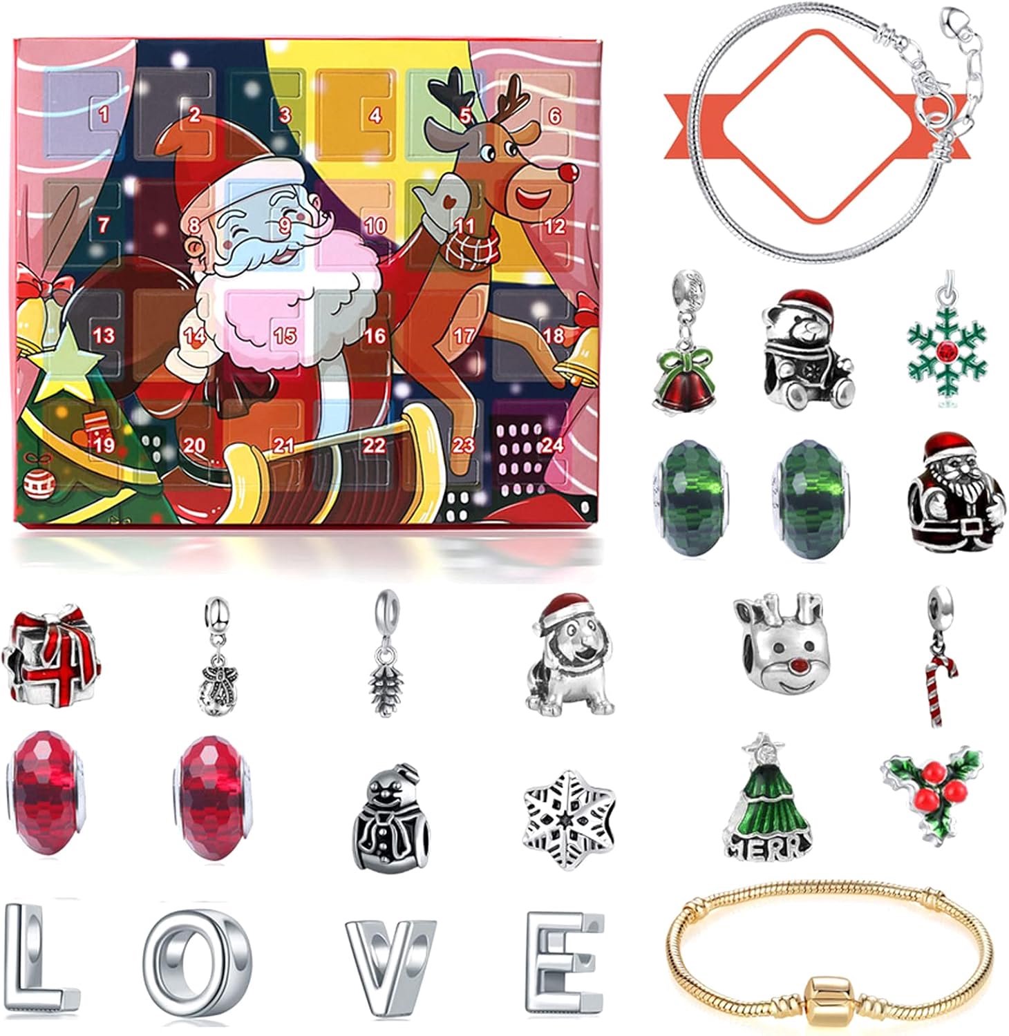 Adventskalender bedelarmband - 24 dagen - set met Santa Claus eland - creatief kerstcadeau - ServiceTopper
