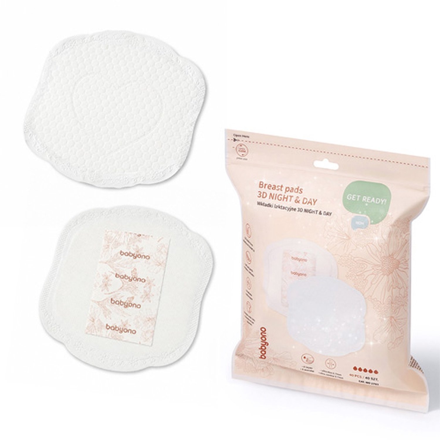 BabyOno Zoogcompressen 3D NIGHT & DAY - 40 Stuks - Wegwerp - Individueel Verpakt - Superabsorberend met Gelkern - Ø 13 cm