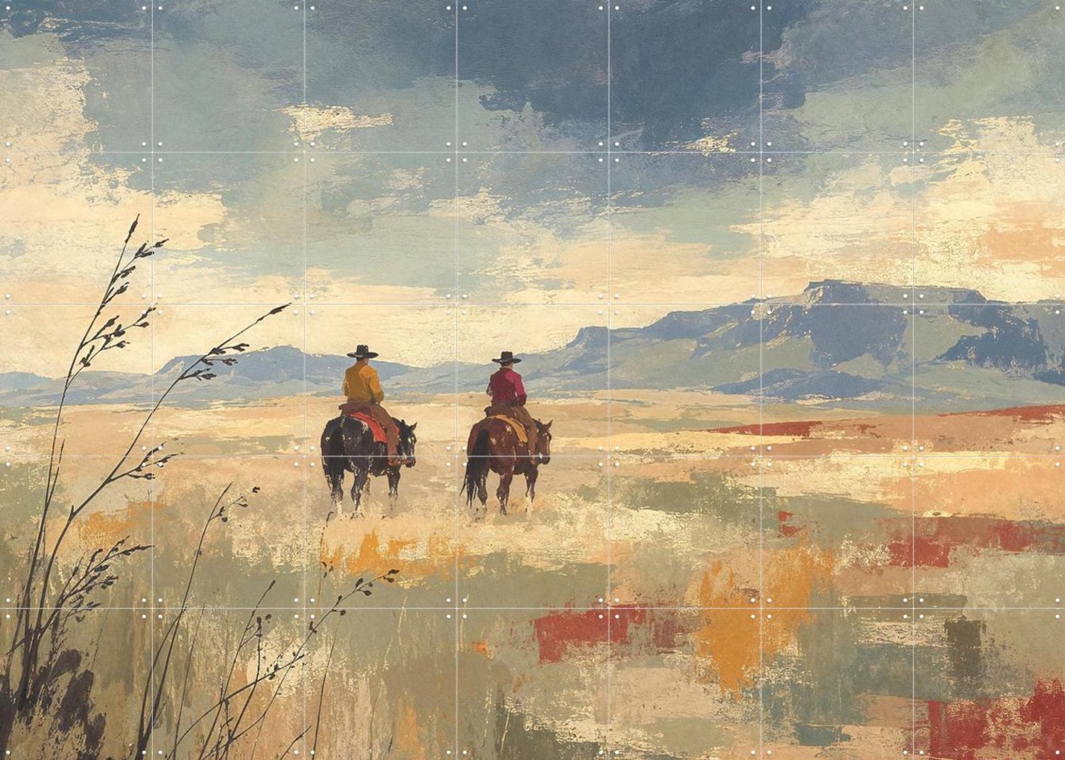 IXXI Cowboys te Paard op een Uitgestrekte Woestijnvlakte, Natalie Bruns - 140 x 100 cm - Grote wanddecoratie en posters - Naturalisme, Kwaststreken Blauw / Bruin