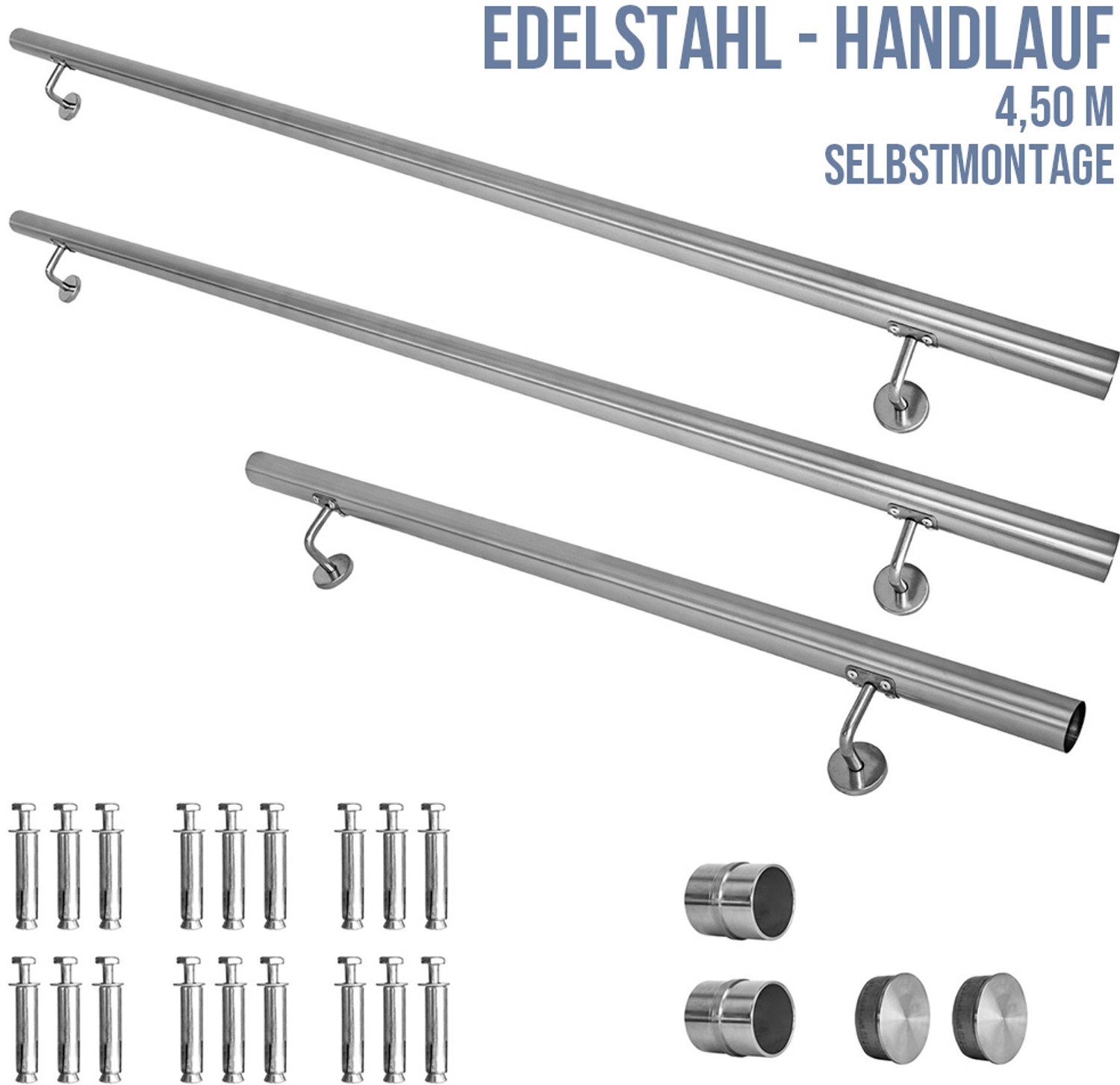 V2Aox RVS leuning / trapleuning, diameter: 4,2 cm, roest- en weerbestendig, inclusief bevestigingsmateriaal en steunen