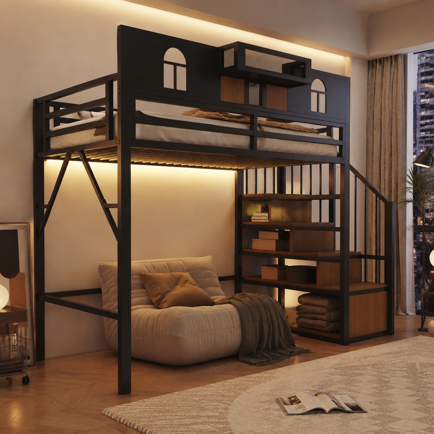 Wishdor Hoogslaper 90 x 200 cm - Opbergtrap met vakken - Lichtstrip en wandplank - Uitvalbeveiliging - Moderne stijl - Slaapkamer kleine ruimtes - MDF en metaal - Zwart