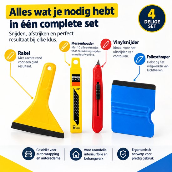 Complete 4-delige set met gele rakel, meshouder, rood snijmes en blauwe folieschraper. Tekst: Alles wat je nodig hebt.