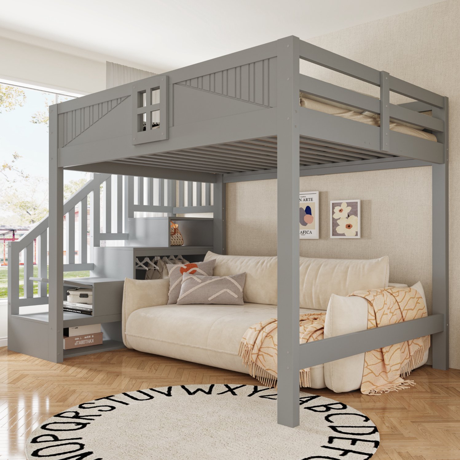 Wishdor Hoogslaper 140 x 200 cm - Veiligheidshekje met raam - Omkeerbare opbergladder - Ruimte onder bed voor werk en ontspanning - Hout en MDF - Grijs