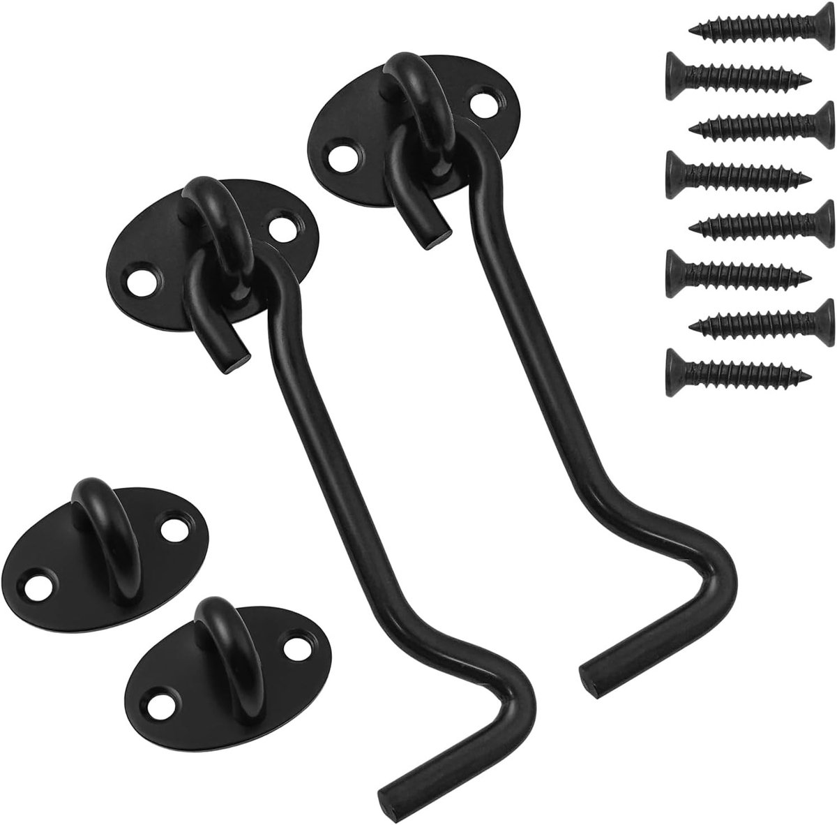 Set van 2 RVS Cabin Hooks van 10 cm met 8 Montagebouten voor Deuren, Garagedeuren en Ramen - Zwart, Duurzaam en Veiligheidsoplossing