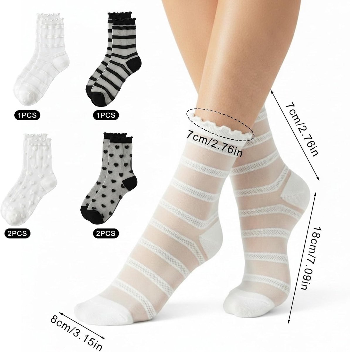 Zomerankelsokken voor Dames met Transparante Ruffles en Hartjespatroon - 6 Paar Dunne Polka Dot en Gestreepte Kousen voor Comfort en Stijl