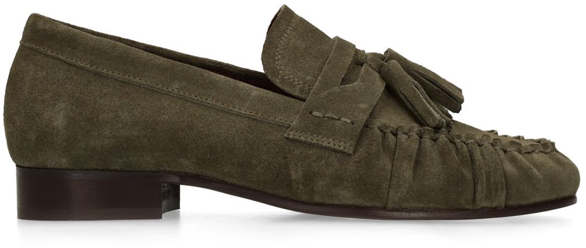 Manfield - Dames - Donkergroene suède loafers met kwastjes - Maat 42