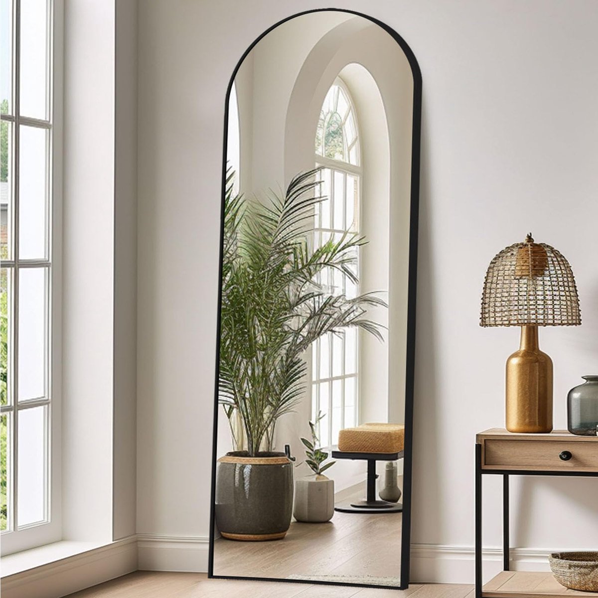 Lunamirror Staande spiegel, vrijstaande vloerspiegel voor de slaapkamer, woonkamer en entree, zwarte booglijst, 165 x - ShopVlot