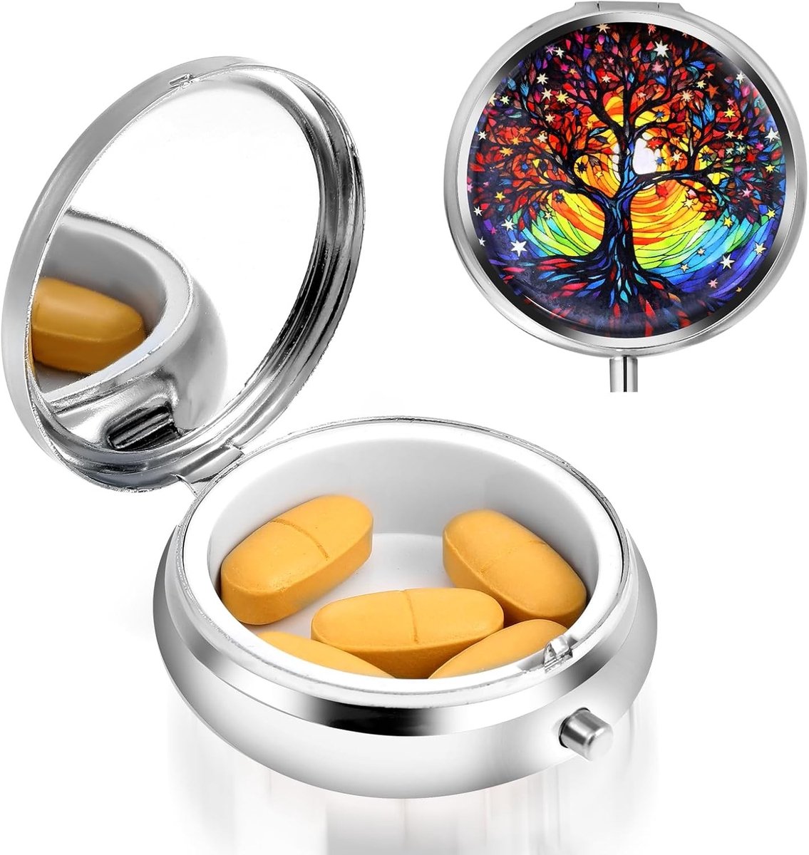 Ronde metalen pillendoos voor vitamines, visolie en voedingssupplementen - multifunctionele organizer voor dagelijks gebruik en reizen