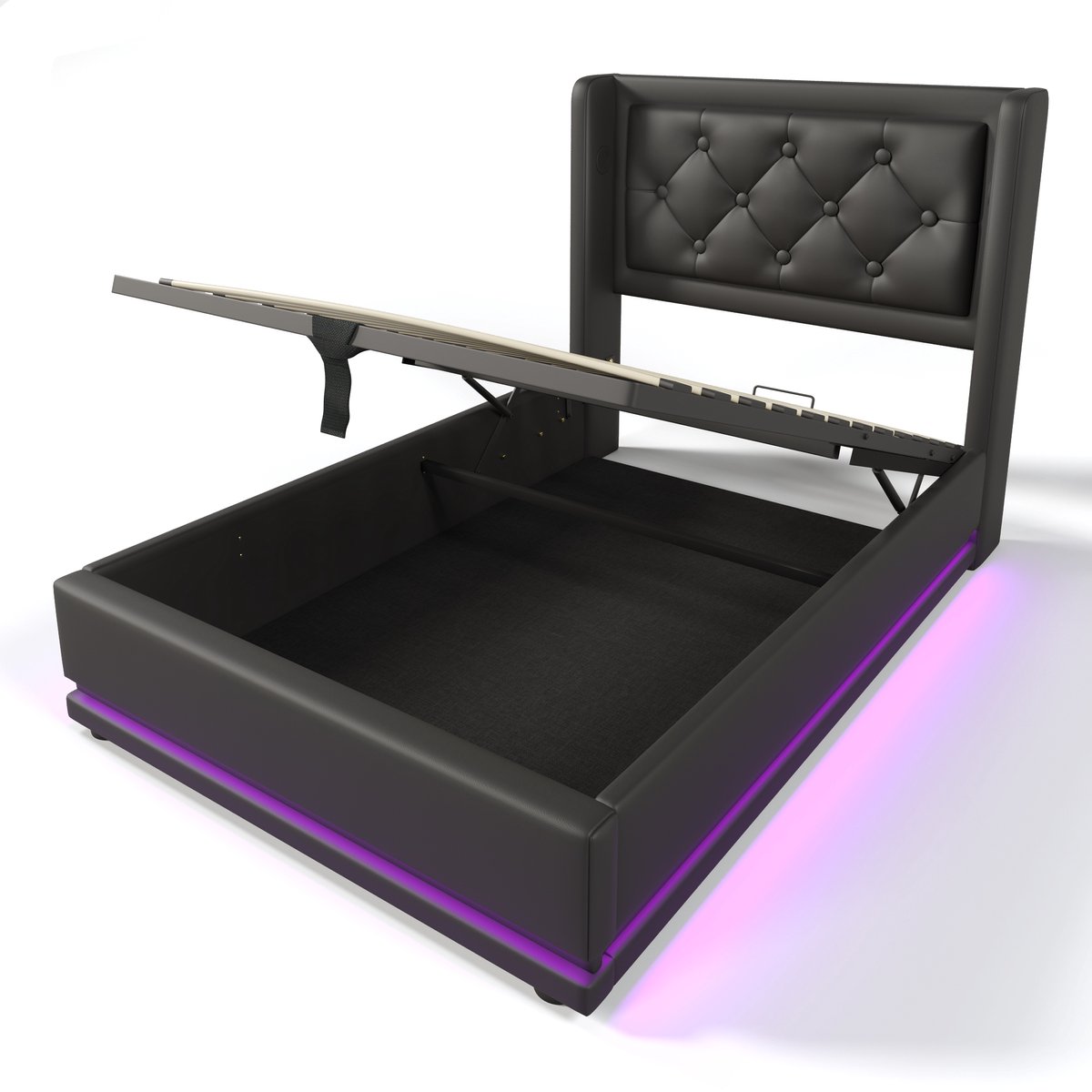 WUVRIE Normaal bed 90x200 cm met opbergruimte, LED en USB-C, PU kunstleer, zwart