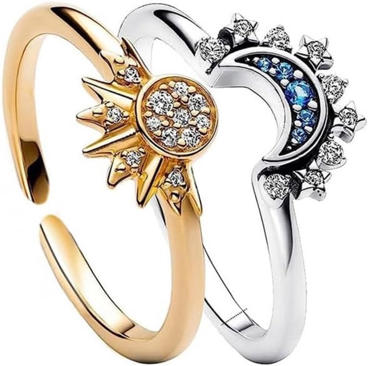 Open Ringen Set voor Dames met Zon en Maan Design, Verstelbare Vingerringen met Zirkonia en Strass, Trendy Stapelringen voor Vrouwen en Meisjes, Hemelse Sieraden