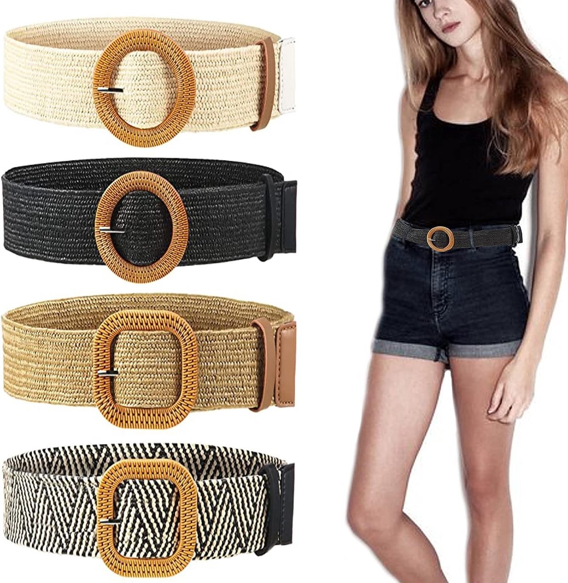 Elastische Woven Riem voor Dames en Meisjes - 4 Stuks Gevlochten Strandriem met Verstelbare Taille