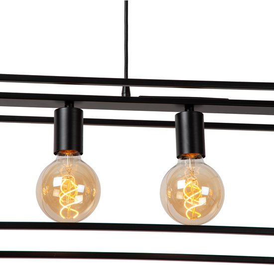 Zwarte hanglamp met twee grote Edison gloeilampen met zichtbare spiraal.