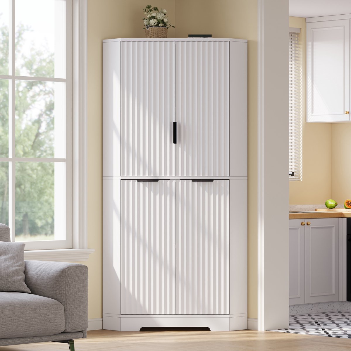 REDOM - Witte hoekkast met 4 deuren en verstelbare schappen - 60 x 60 x 172 cm, kastonderdeel met wave-ontwerp