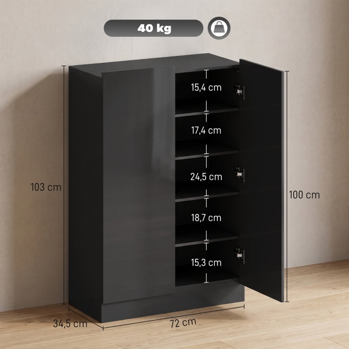 REDOM - Schoenkast - 5-laags met verstelbare planken - Soft-close scharnieren - Hoogglans - Hal en entree - MDF - Zwart - 72 x 34,5 x 103 cm