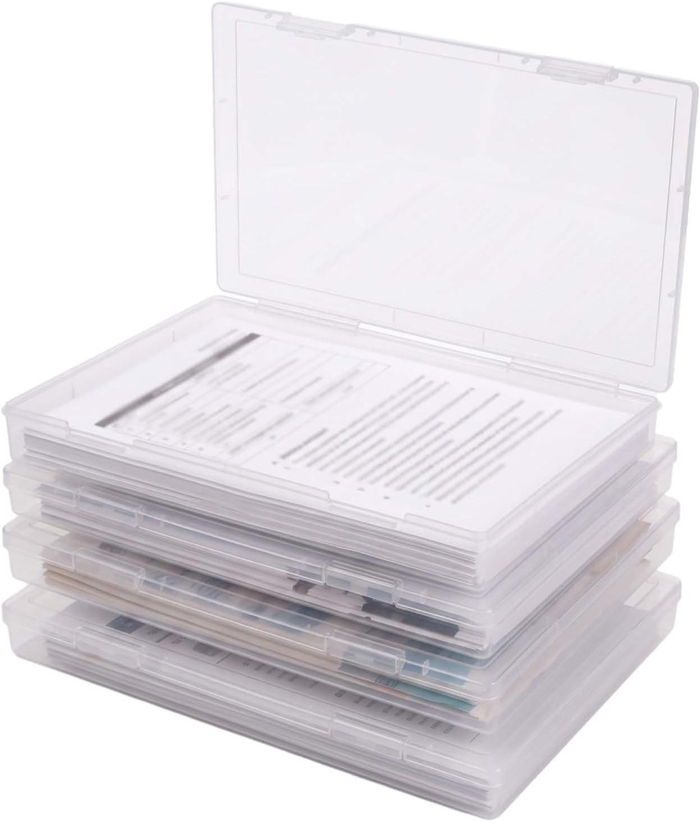 Set van 4 transparante documentdozen, 12 x 22,3 x 2,3 cm, stapelbaar, draagbaar en ideaal voor archivering van documenten en boeken