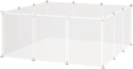 Een rechthoekige, doorzichtige behuizing van 105x105x45 cm met zilverkleurige connectoren.