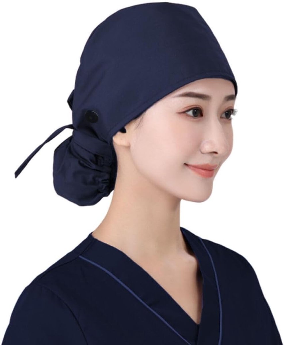 Chirurgische cap voor dames, werkmuts voor verpleegsters en koks met ruimte voor lang haar in donkerblauw
