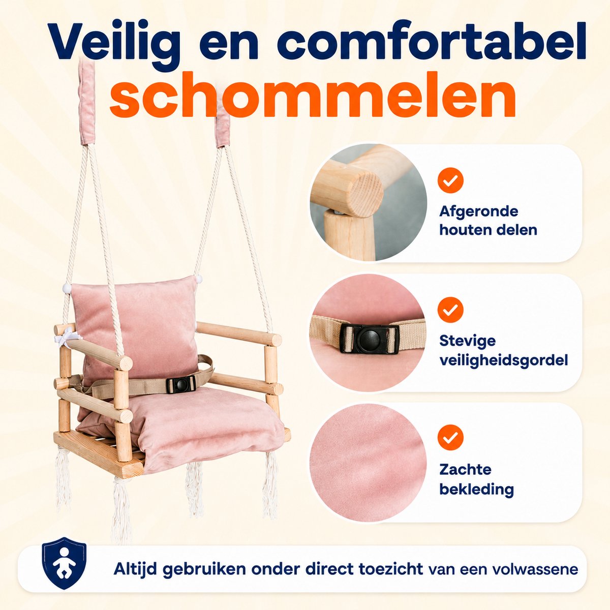 Trendmix Babyschommel Roze 3-in-1 – Houten Meegroei Kinderschommel – Vanaf 8 Maanden – Inclusief Ophanghaken – Tot 25 kg — afbeelding 4