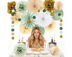 15 Stuks Verjaardagsdecoratie in Groen en Beige, Papieren Lantaarns, Pompons en Slingers voor Feestelijke Versiering