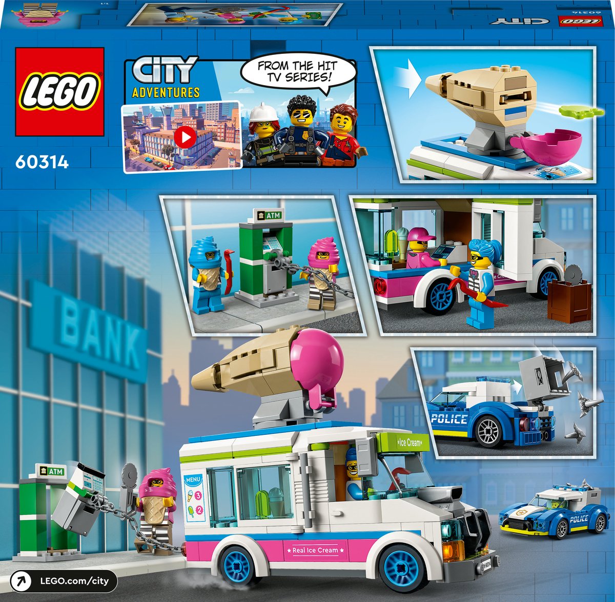 LEGO® City IJswagen politieachtervolging 60314 bouwset voor kinderen vanaf 5 jaar; met een ijswagen met kledderschieter, een onderscheppingsvoertuig van de politie, een geldautomaat en 2 personages uit de LEGO City tv-serie (317 onderdelen) — afbeelding 22