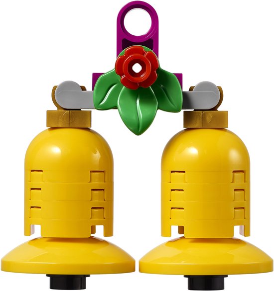 LEGO kerstbellen in het geel met rode bloem en groene blaadjes.