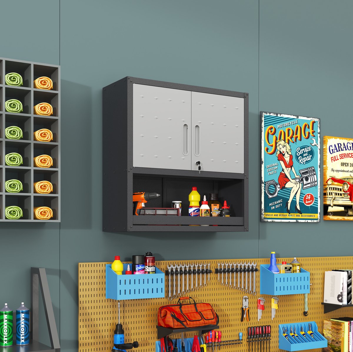 MODFU - Metalen Wandkast - Met Slot - 2 Deuren - Open Vak - Grijs