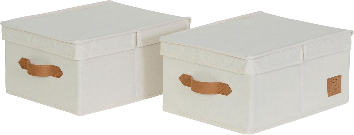 Opbergdoosjes met deksel - Beige - 33 x 25 x 16 cm - Linnen stof met handvat van textielleer - Set S