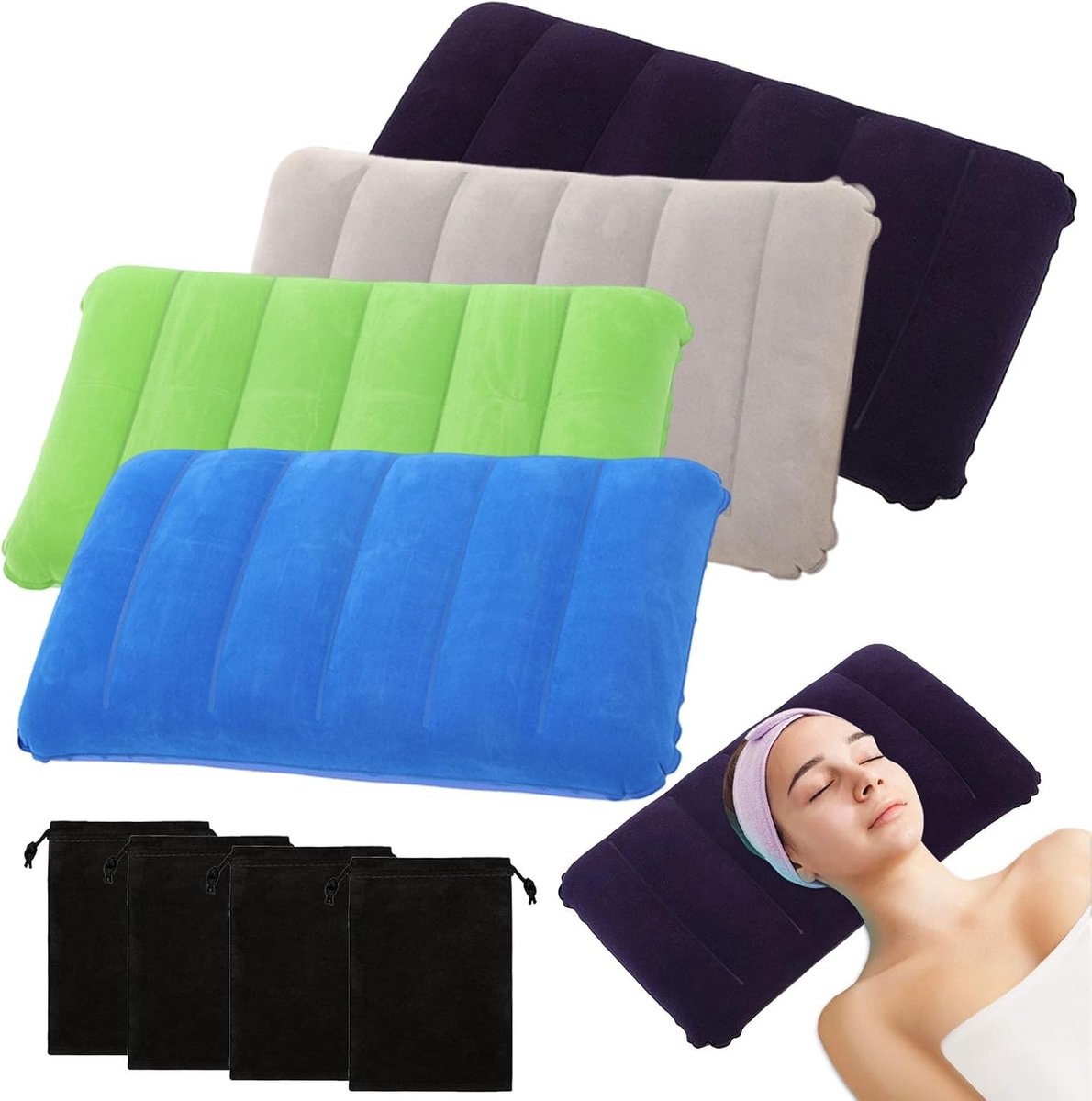 Opblaasbare Campingkussens Set van 4, Reis- en Outdoor Kussens met Trekkoordzakken, Comfortabele Velours Kussens voor Kamperen en Reizen (47 x 30 cm)