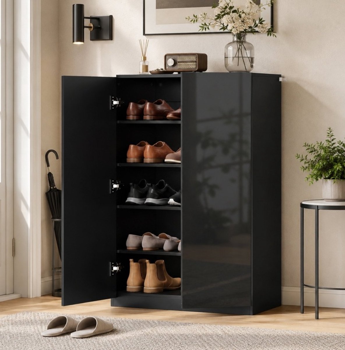 OKWISH Schoenkast - 5 Niveaus Met Verstelbare Planken - Voor Hal En Entree - Hoogglans Zwart - Voor Circa 20 Paar Schoenen - 72 X 34,5 X 103 Cm