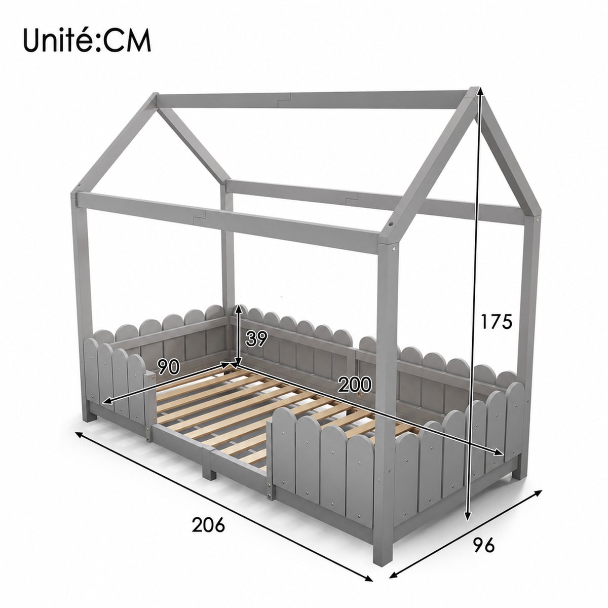 WUVRIE Huisbed 90x200 cm met uitvalbeveiliging en lattenbodem, kinderkamerbed in grijs