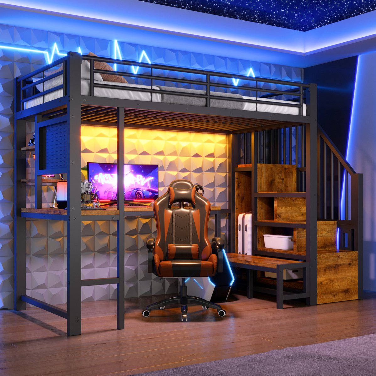 STILVORA Hoogslaper 90 x 200 cm - Met Bureau, LED Verlichting, USB En USB-C - Opbergruimte Met Trapkast En Wandrek - Kinderen - Metaal En MDF - Zwart - Zonder matras