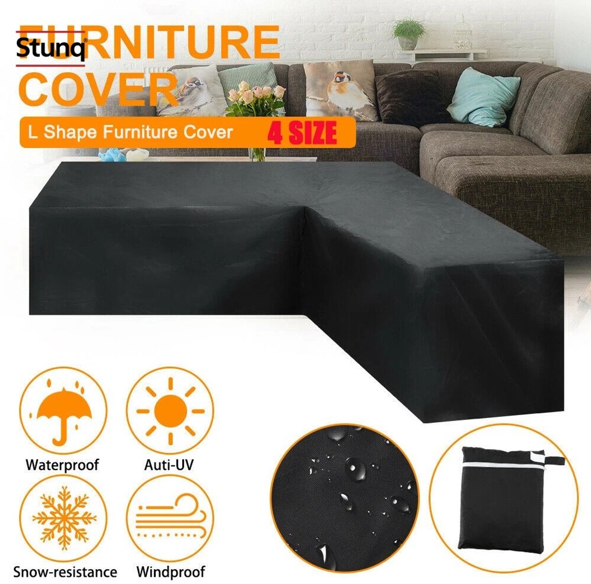 Stunq L-vormige meubelhoes 215x215 cm – waterdicht & UV-bestendig Zwart