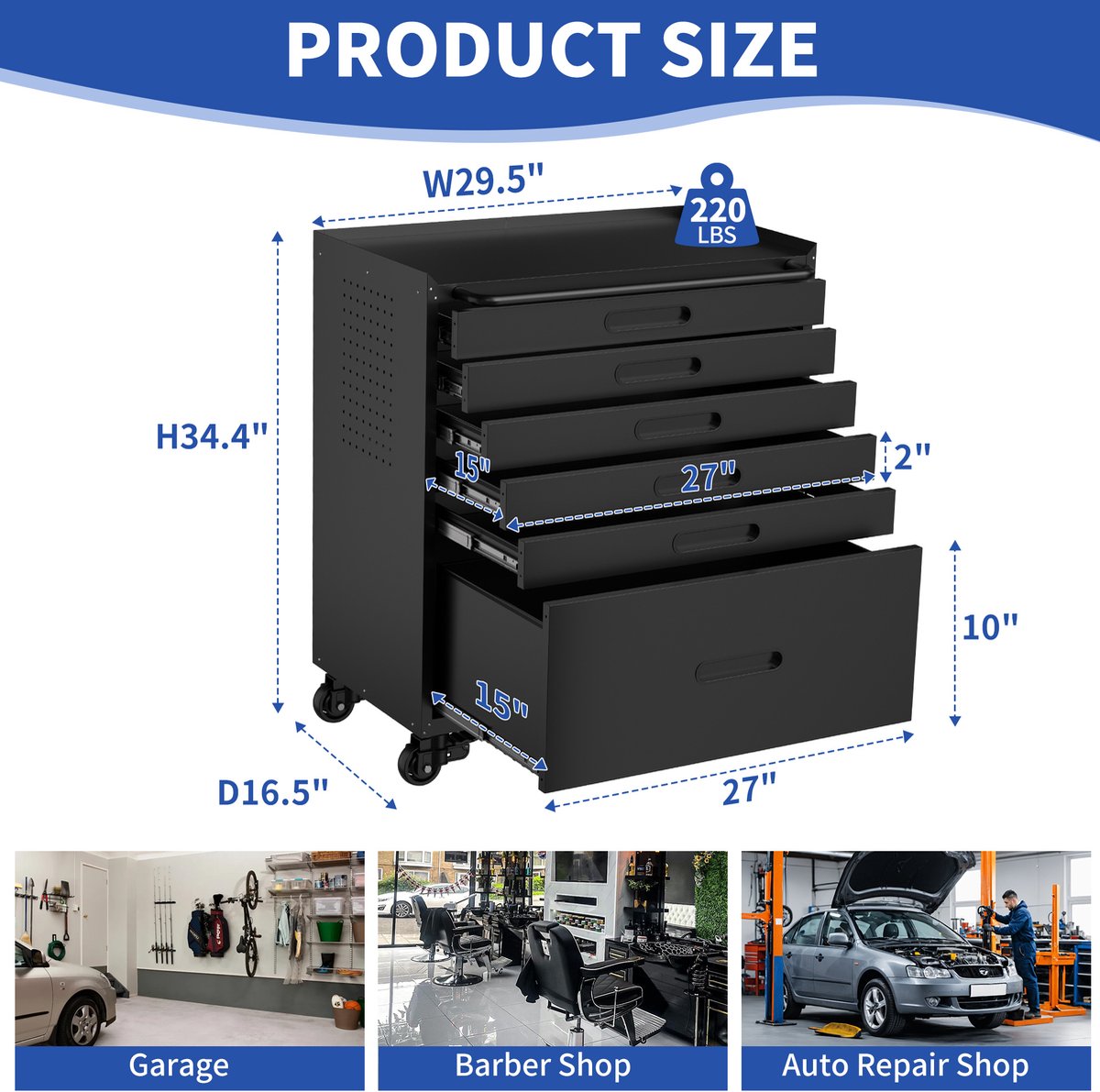 OKWISH Gereedschapskar – 6 Lades – Met Wielen En Handgreep – Voor Garage En Werkplaats – Gepoedercoat Staal Zwart – 75 x 42 x 87,3 cm