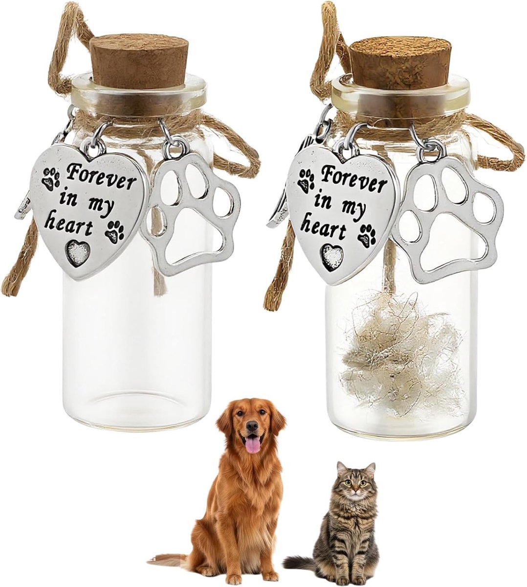 2 Stuks Herdenkingsfles voor Huisdieren met Hart Hangers en Kurk Stop - Aandenken voor Hond en Kat, Glazen Buis voor As en Haar, Perfect Cadeau voor Huisdier Herinnering