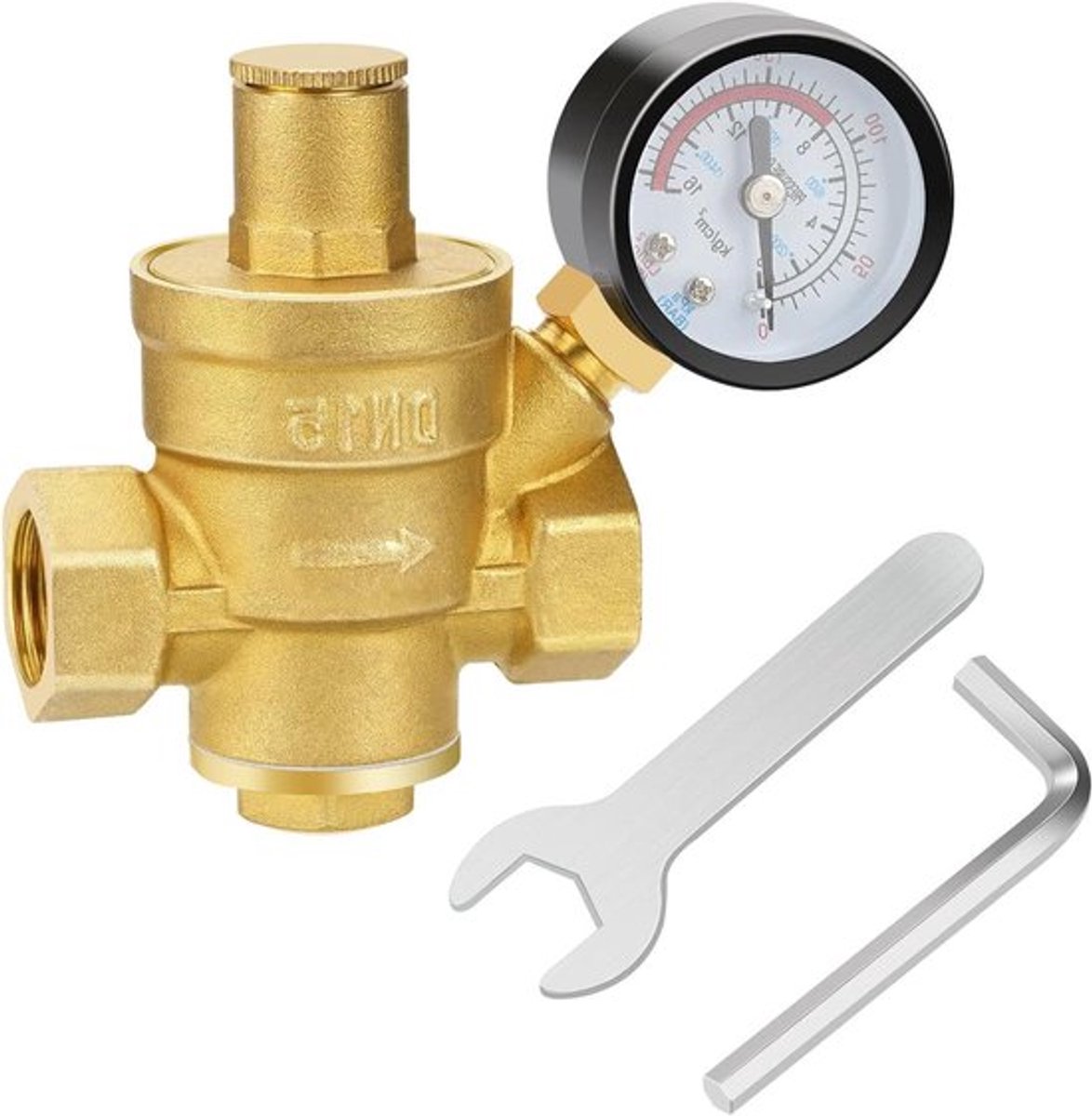 Drukregelaar 1/2 inch messing - instelbaar - met manometer - waterdrukregelaar voor