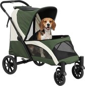 PawHut Hundewagen Hundebuggy klappbar für große Hunde & Katzen bis 30 kg Katzenbuggy mit Kissen Netzfenstern Türen Aufbewahrungstasche Katzenwagen mit Sicherheitsleinen, Bremsen, Buggy Dunkelgrün
